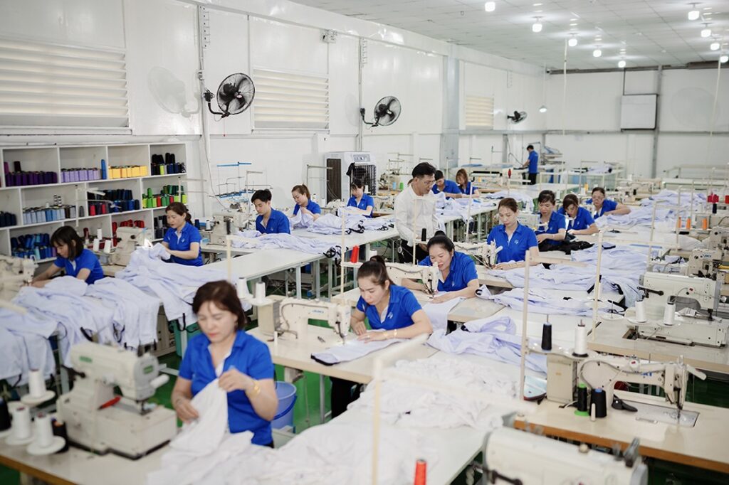 Sewing production line at the Iron Horse clothing factory in Vietnam